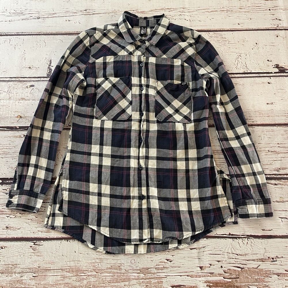 Fox Racing Flannel Button Up Shirt Women's XS Long Sleeve Check Black Blue White